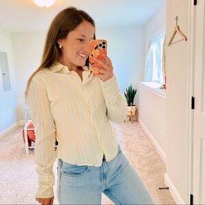 Johnny Cotton Pastel Yellow Blue Metallic Stripe Button Front Top Blouse 2